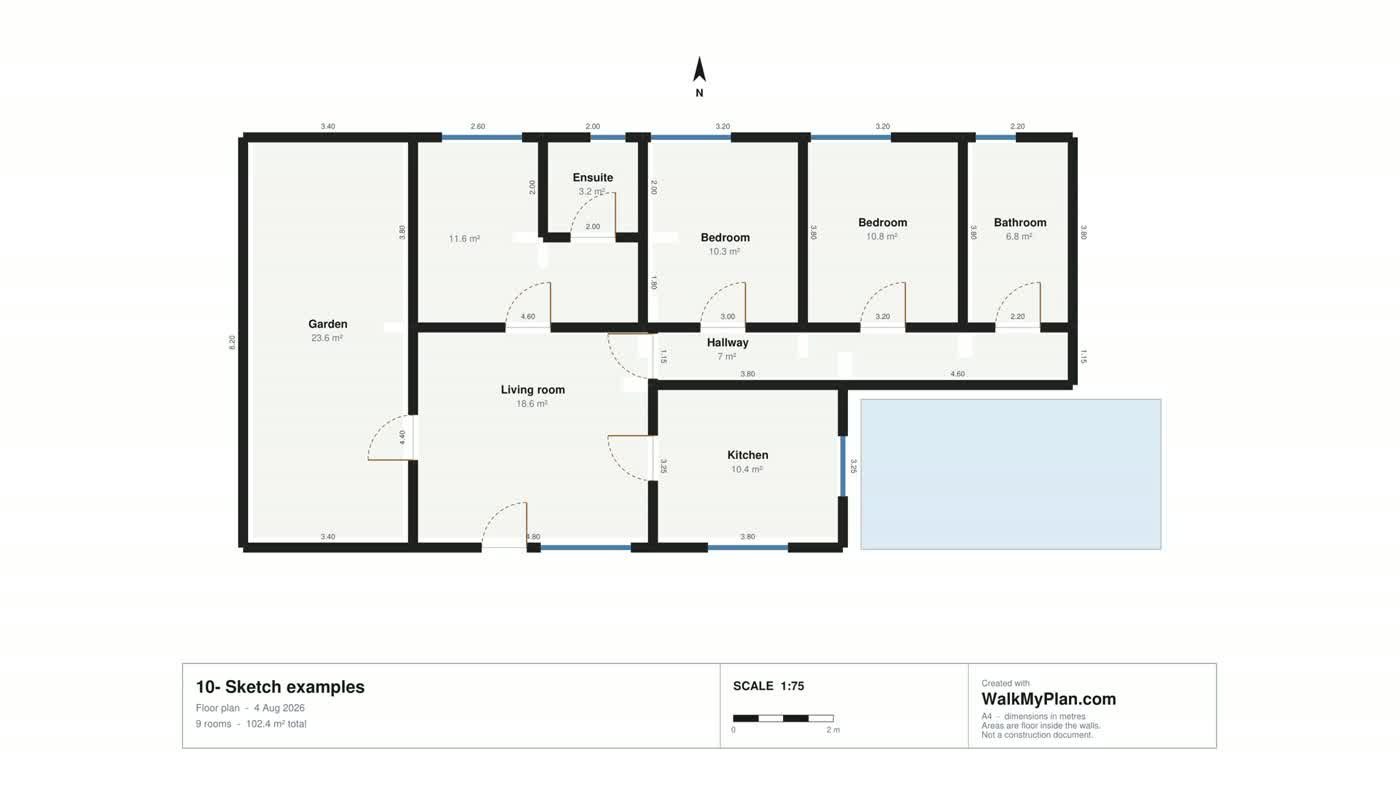 A floor plan PDF at 1:75 scale with a garden, living room, kitchen, hallway, three bedrooms, an ensuite and a bathroom, each labelled with its area