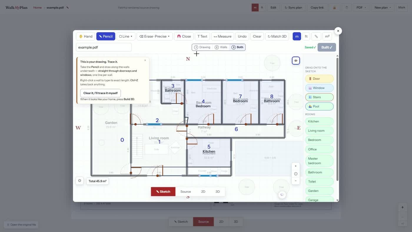 The WalkMyPlan sketch editor opening with the uploaded PDF underneath and a tip card explaining how to trace it