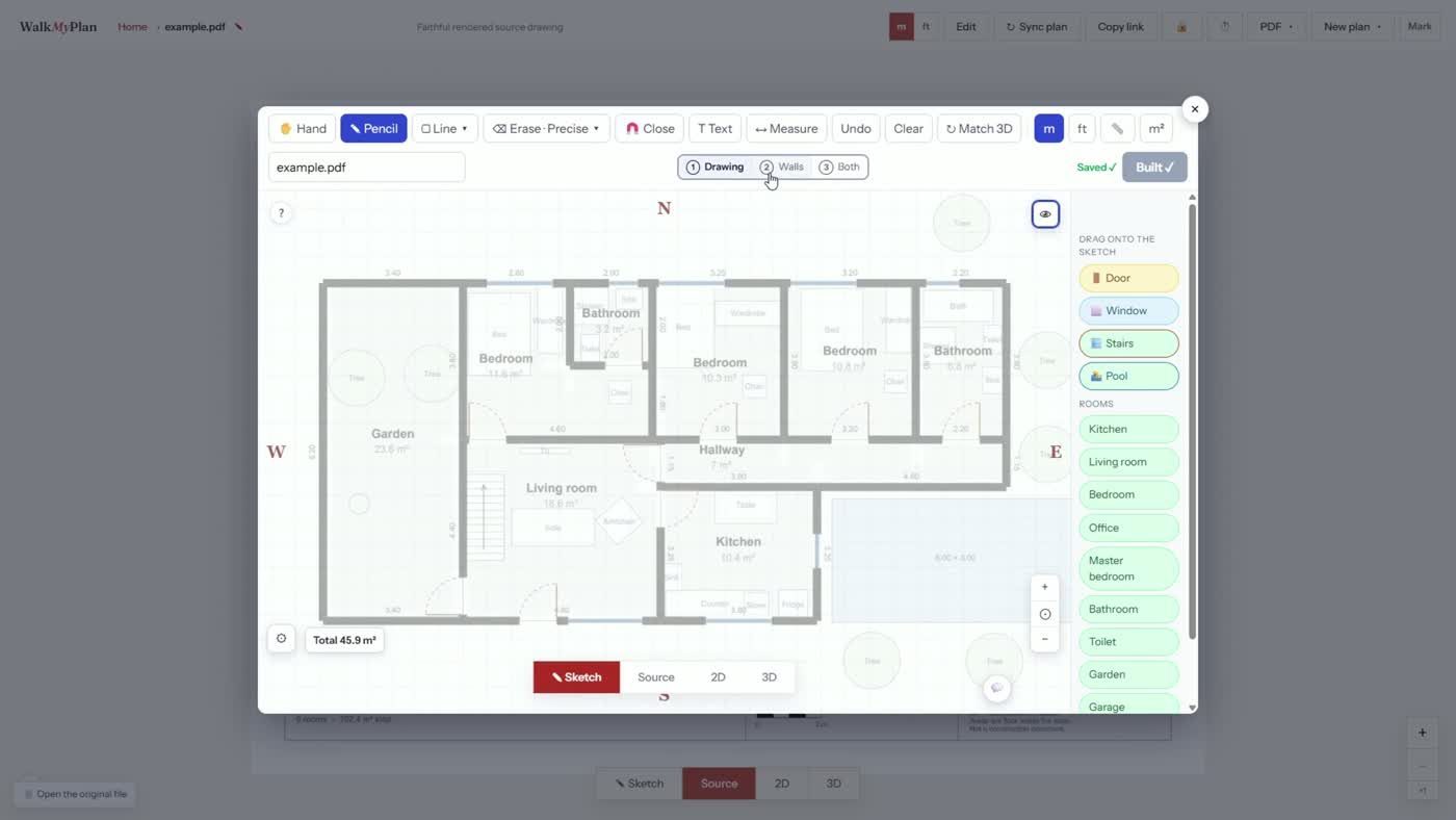 The Drawing, Walls and Both tabs above a floor plan, switching between the original PDF and the traced walls