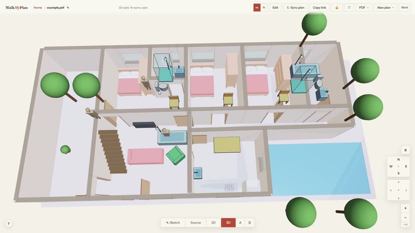The finished 3D home built from the PDF floor plan, with furnished bedrooms, a staircase, a swimming pool and trees