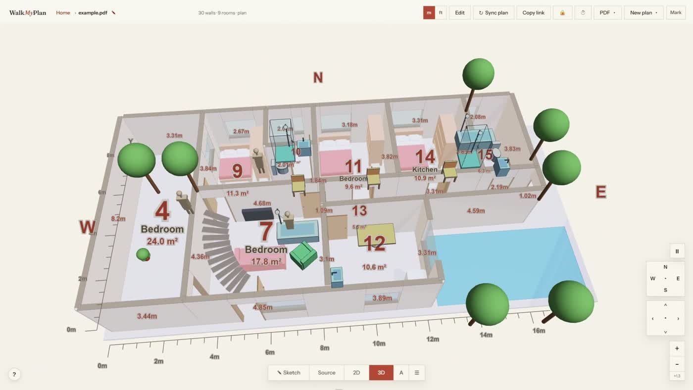 The 3D home with room areas and wall lengths labelled on top, showing a 24.0 square metre bedroom and a 17.8 square metre bedroom