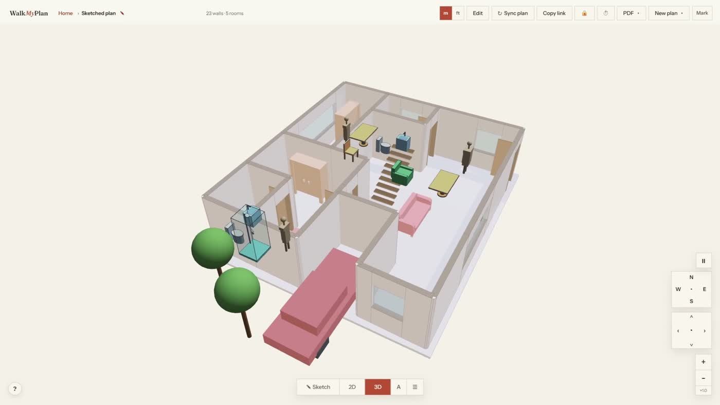 A finished 3D floor plan drawn from scratch, furnished, with people standing in the rooms and trees outside
