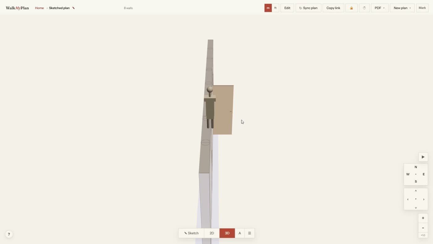 A close-up 3D view of a single drawn wall with a door in it, standing on its own