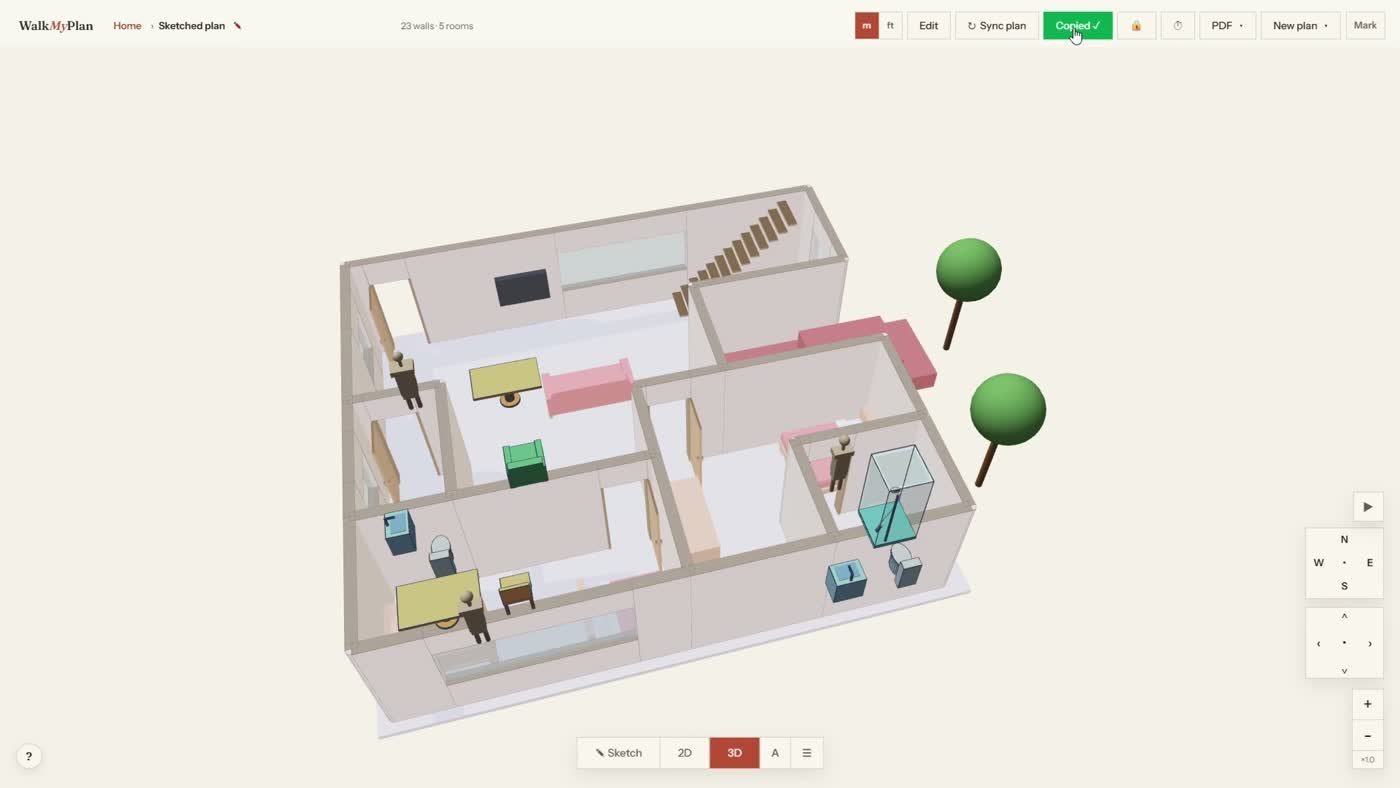 The finished 3D floor plan seen from above with furnished rooms and figures of people standing in them