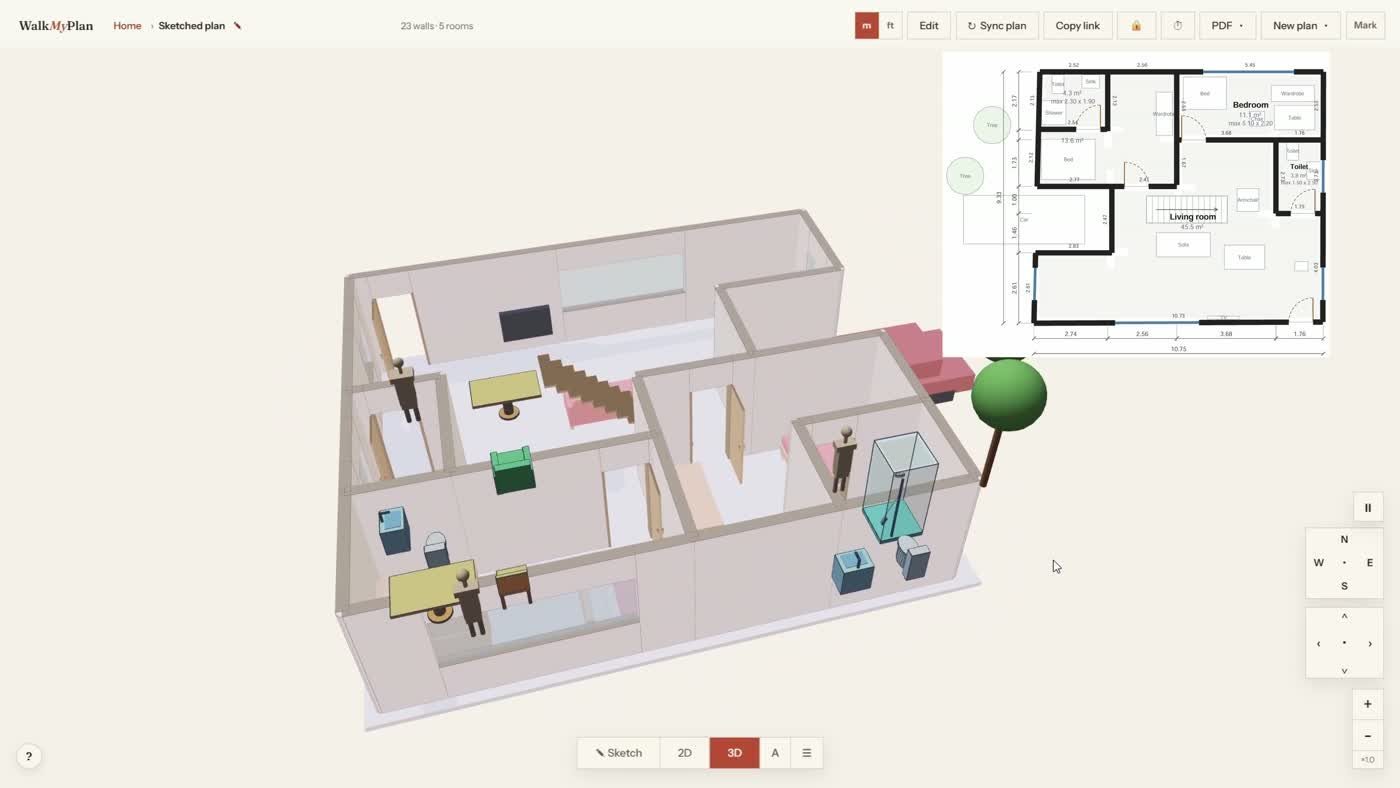 The 3D home alongside a printable PDF floor plan with measurements and room labels