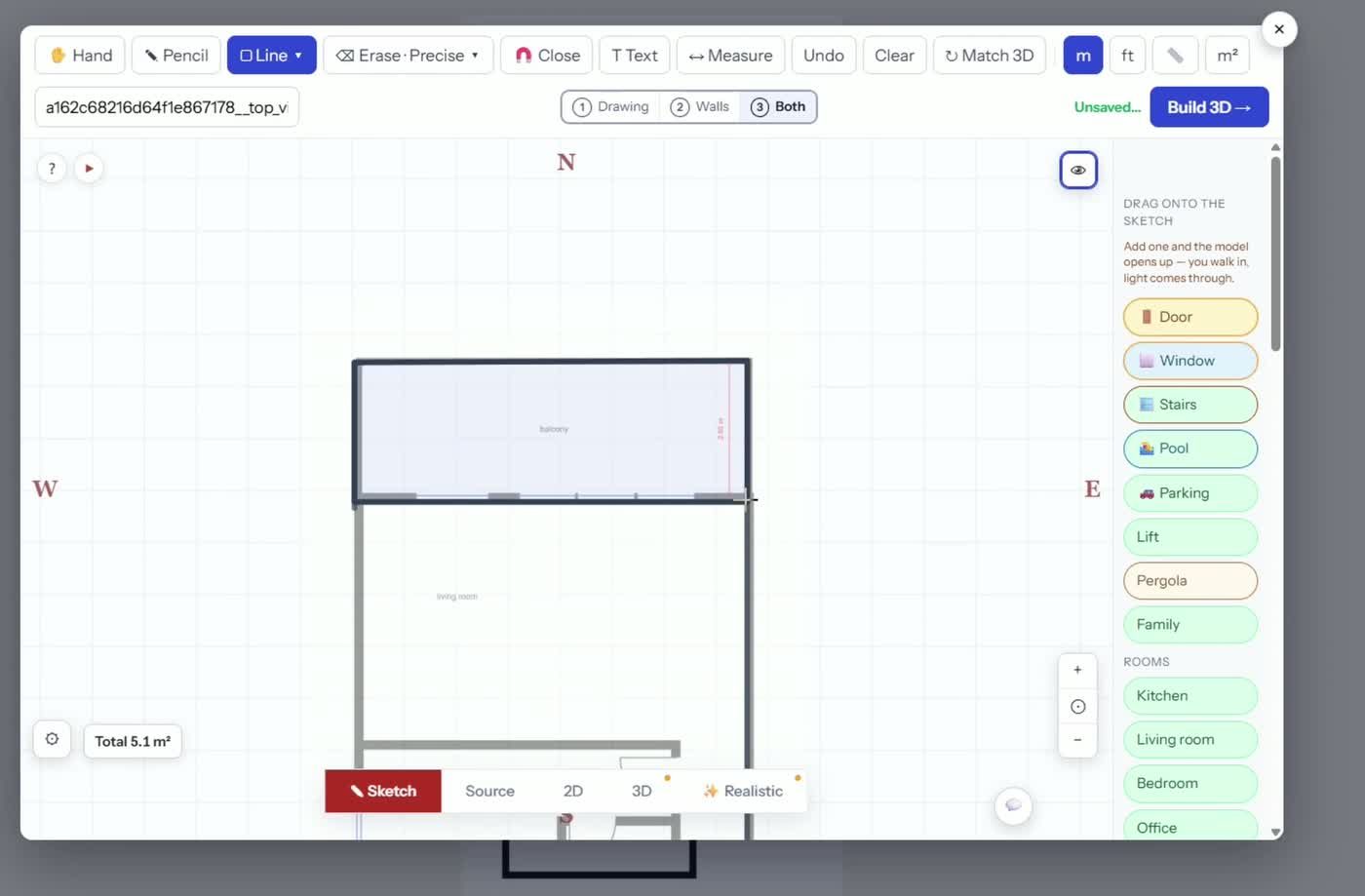 Tracing walls over a floor plan PDF in the WalkMyPlan sketch editor, with the room measuring itself