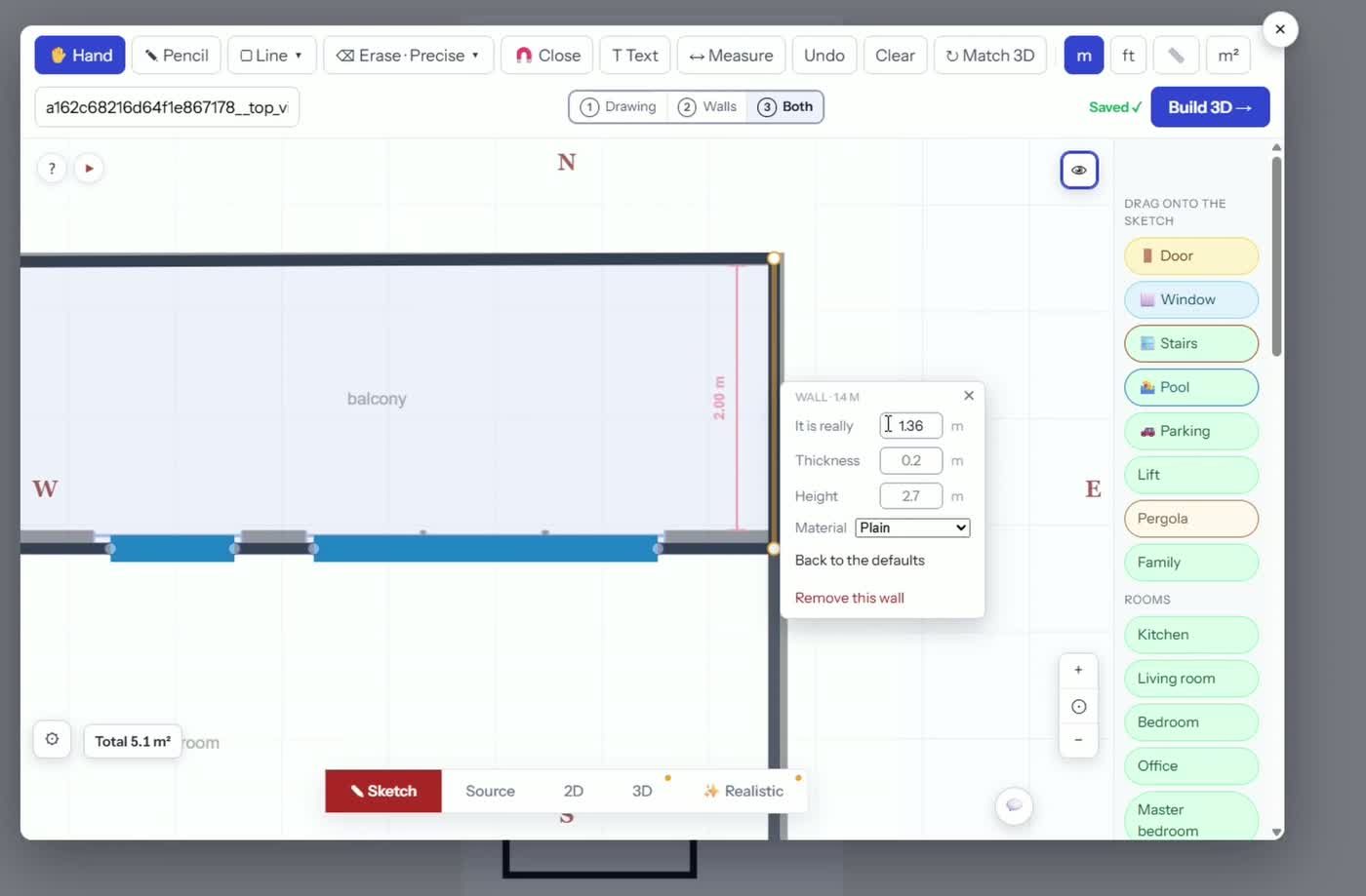 Right-click scale popup on a wall showing 'It is really 1.36 m' being changed to 2 meters to rescale the whole floor plan