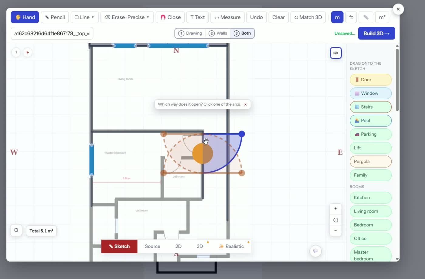 Placing a door on a traced floor plan and choosing which way it opens with the hinge arc