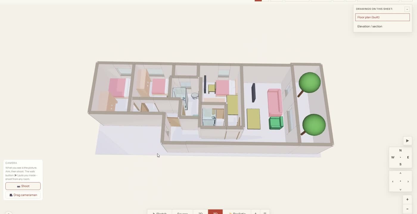 3D home built from a floor plan PDF, shown from above with furniture and trees