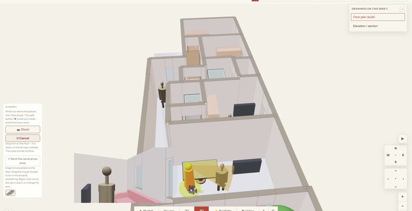 Dragging a camera figure inside the 3D floor plan, with a yellow cone showing what the camera sees