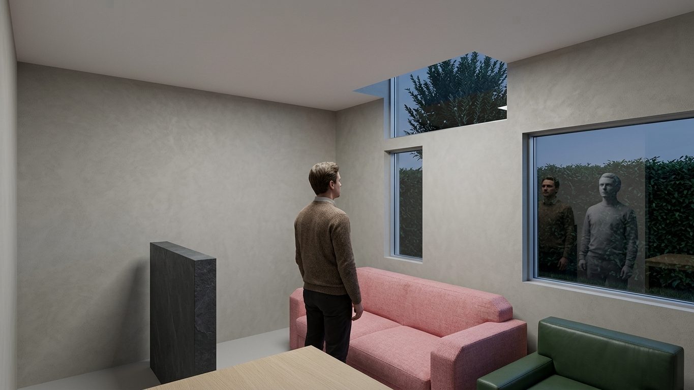 Photorealistic evening render from inside the floor plan: a man by a pink sofa, reflected in the window