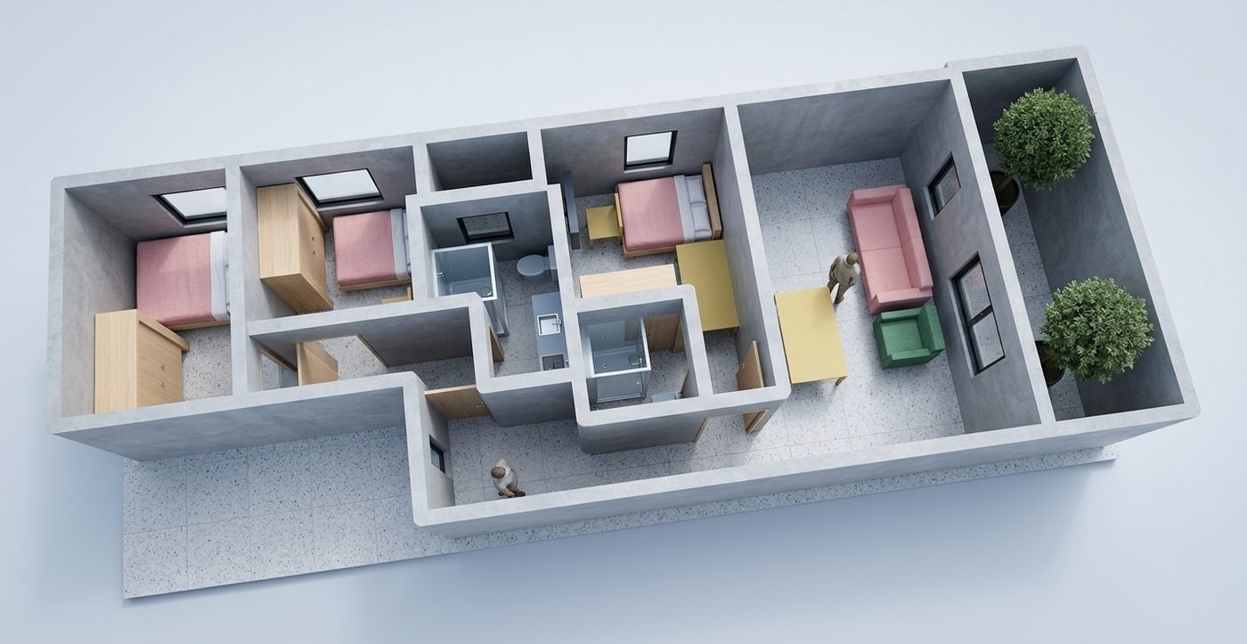 The same floor plan converted to a realistic image in a white modern style, seen from above