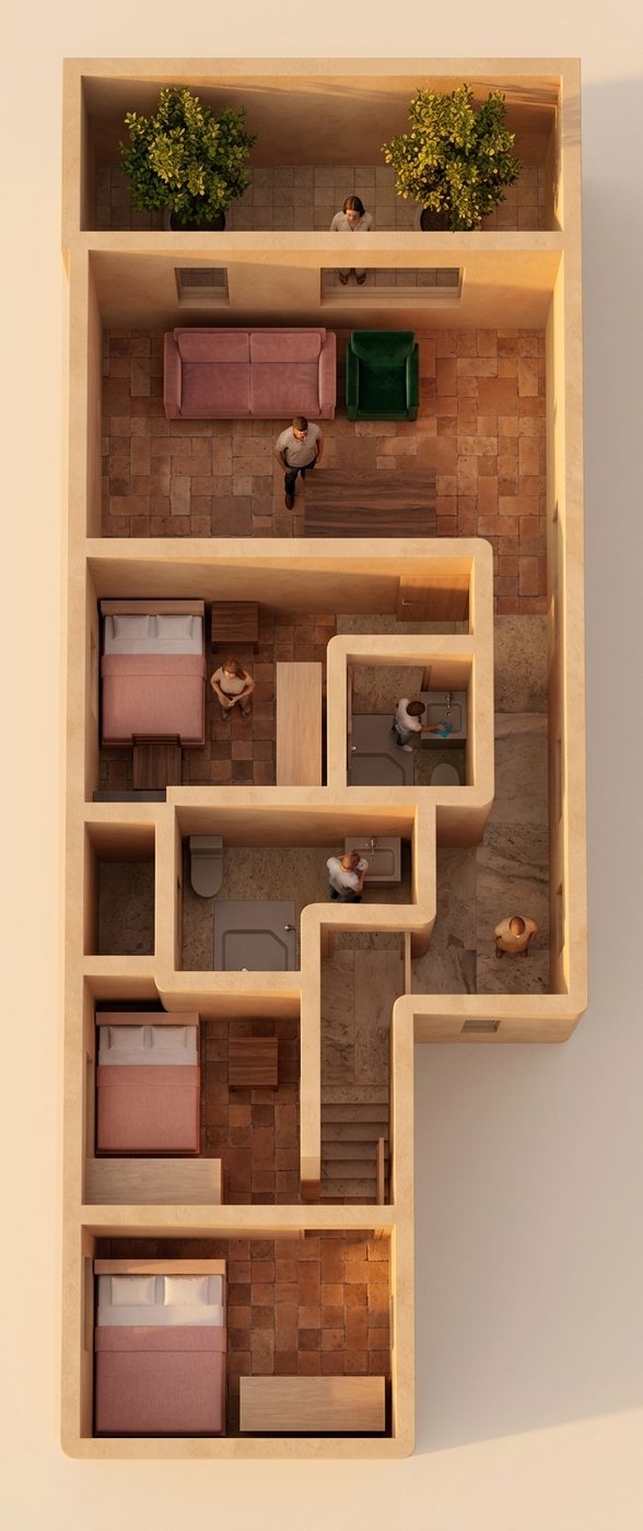 Realistic top-down render of a floor plan, showing the whole apartment as a real photo in warm Mediterranean style