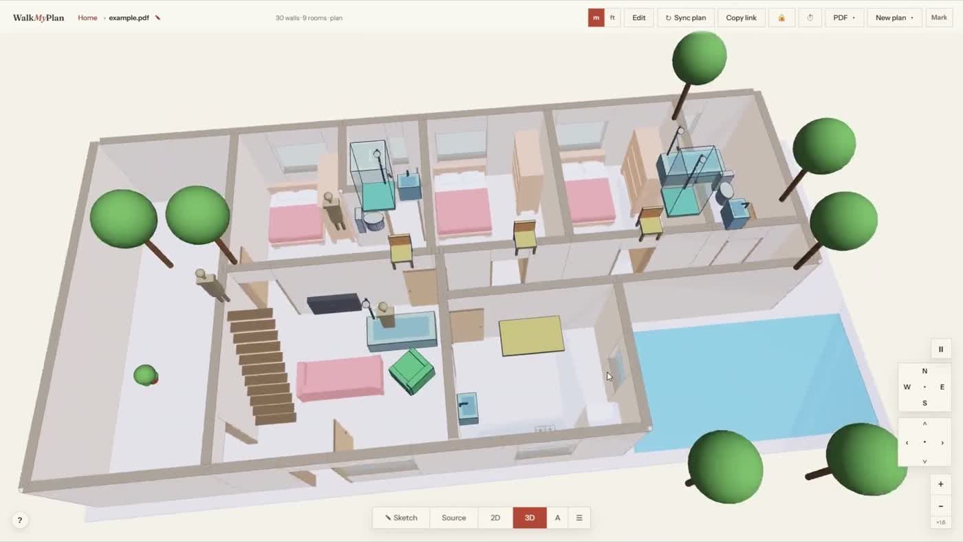 A finished 3D home with furnished bedrooms, a staircase, a swimming pool and trees around it