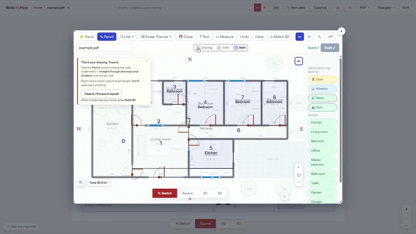 A floor plan opened in the WalkMyPlan editor with a tip card explaining how to trace the walls