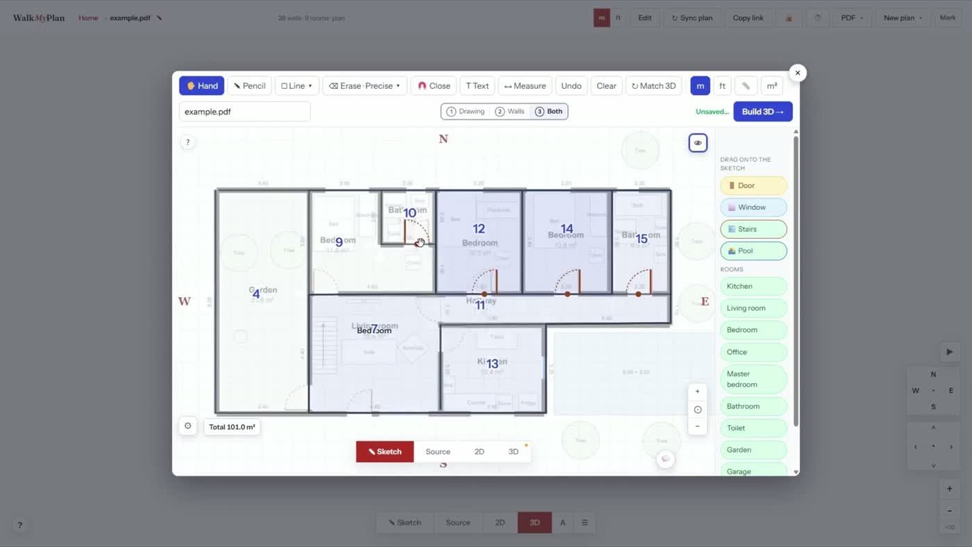 Doors and windows placed on a traced floor plan, with room numbers and a total of 101.0 square metres