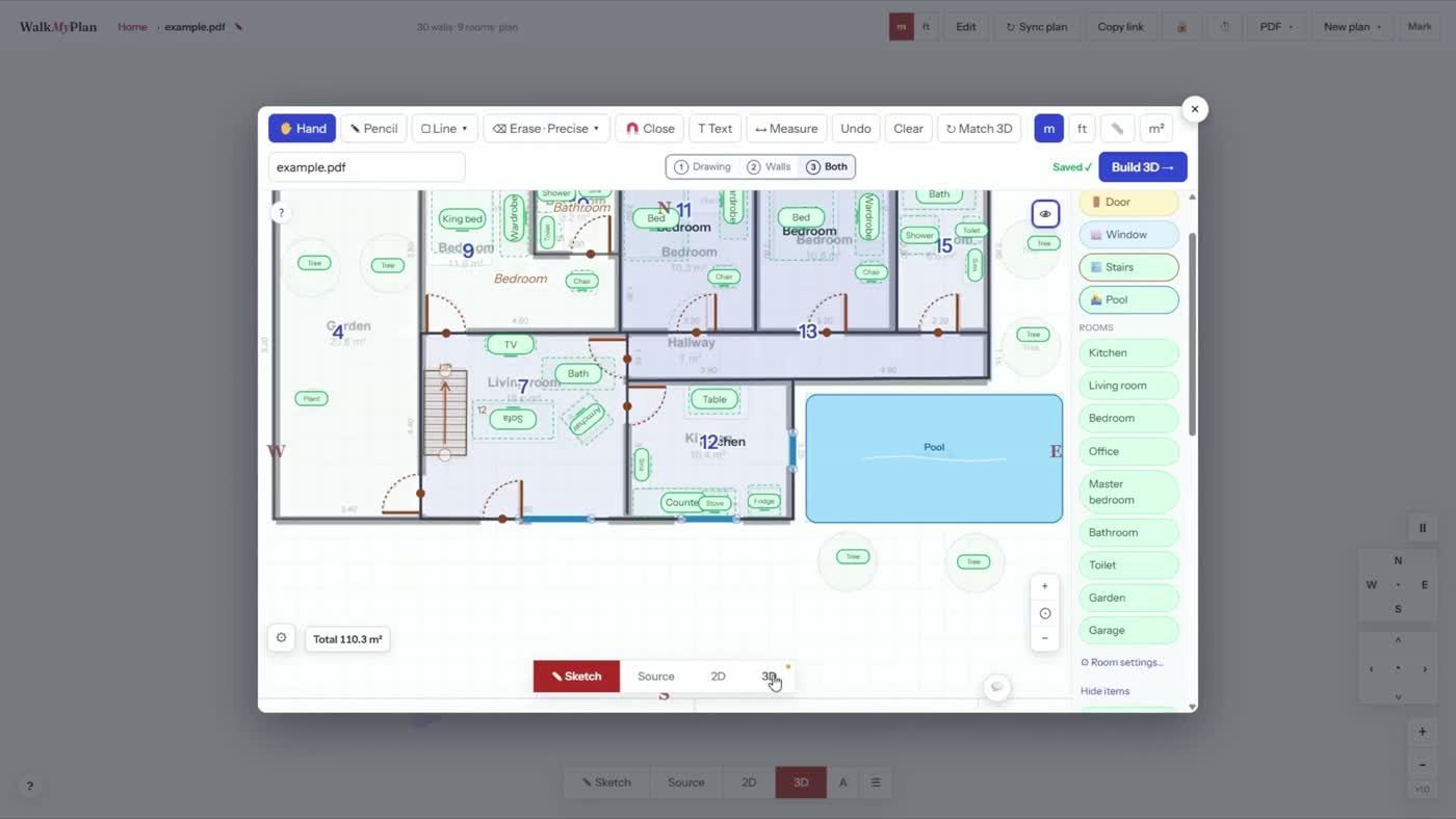 A floor plan with furniture chips placed in the rooms and a blue swimming pool outside the walls