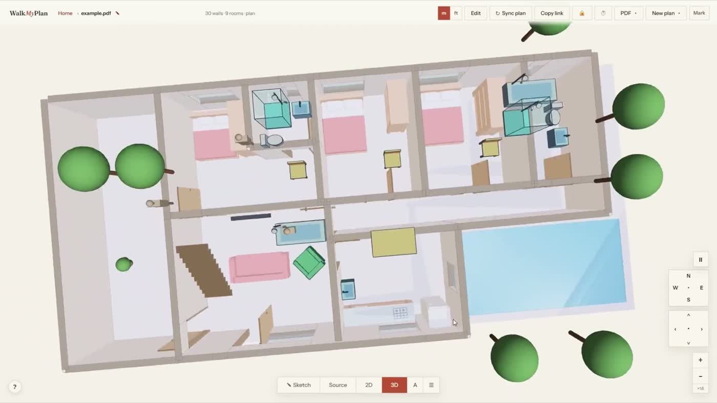 The finished 3D home seen from above with furniture, a staircase, a pool and trees
