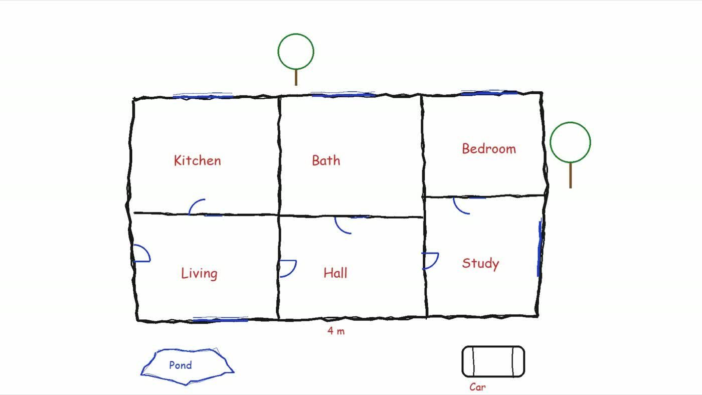 A hand-drawn floor plan on paper labelled Kitchen, Bath, Bedroom, Living, Hall and Study, with a pond and a car drawn beside it