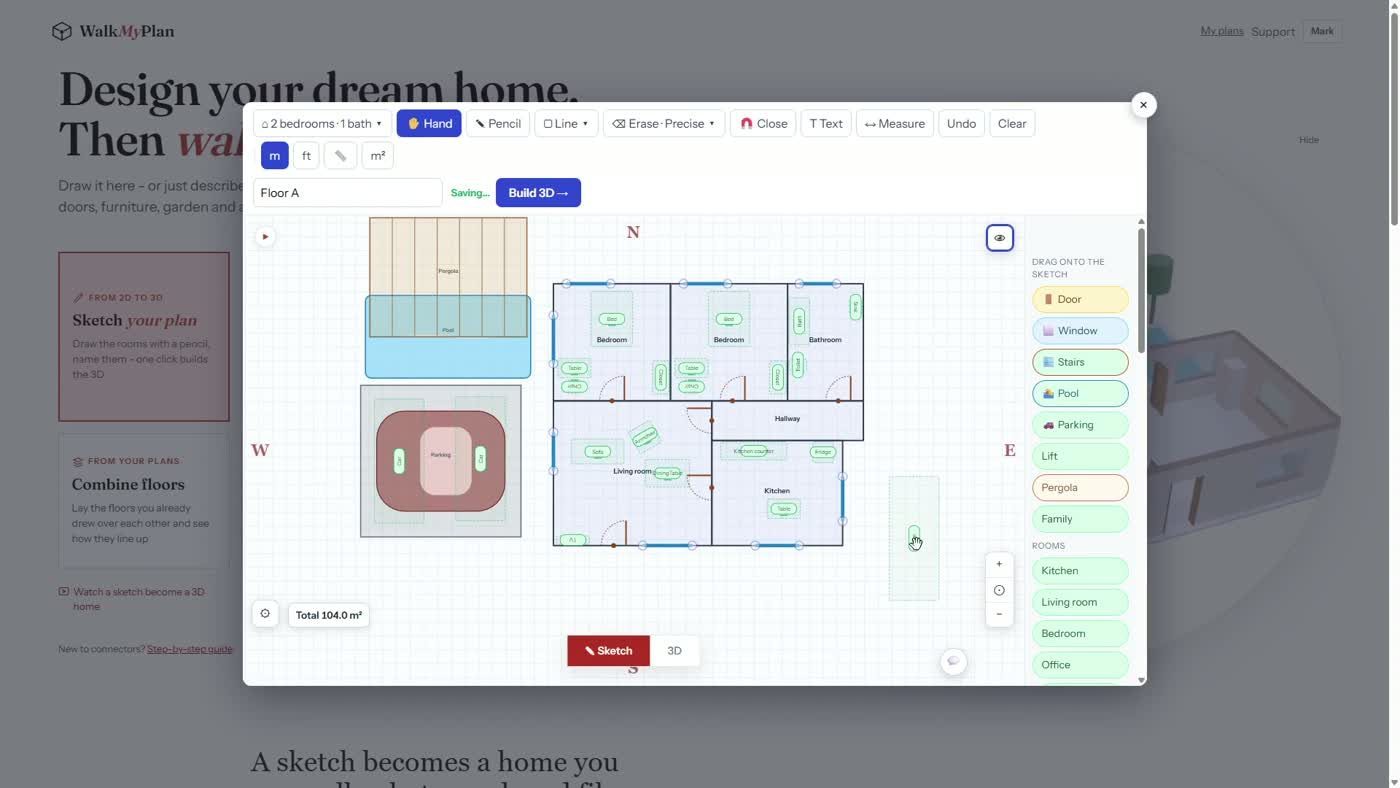 A ground floor plan drawn on the sketch pad with bedrooms, a hallway, kitchen and living room, plus a pool and pergola outside, totalling 104.0 square metres