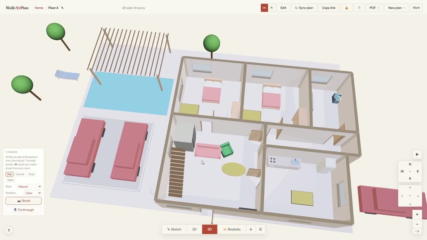 The ground floor built in 3D with beds, a staircase, a swimming pool, a pergola and trees