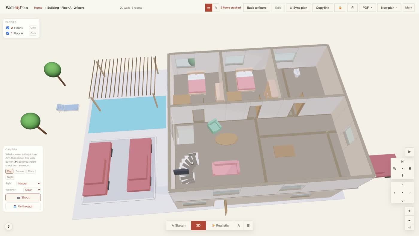 A two-story 3D home with a floors panel listing Floor B and Floor A, each with a show-only button