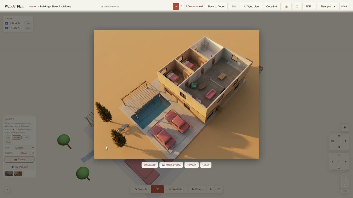 A photorealistic warm-toned render of the finished two-story home with its pool, shown in a lightbox with download and make-a-video buttons
